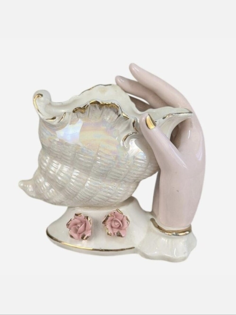 Vintage Lefton Japan Mermaid Shell Hand Vase Iridescent Pink Gold 1950s